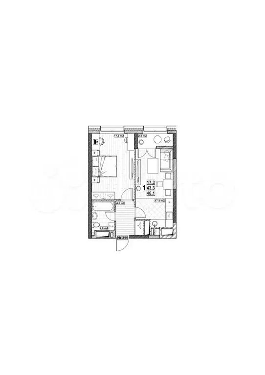 1-к. квартира, 46,1 м, 23/24 эт. - Фото 1