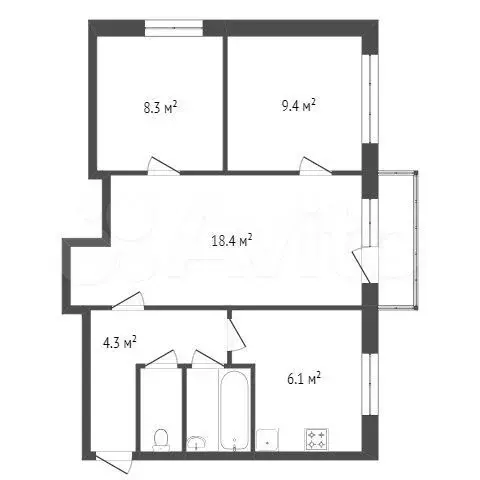 3-к. квартира, 49,6 м, 5/5 эт. - Фото 0