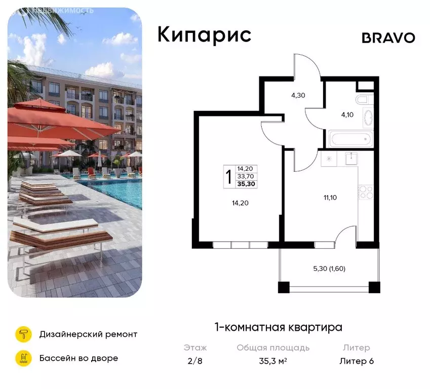 1-комнатная квартира: Сукко, жилой комплекс Кипарис (35.3 м) - Фото 1