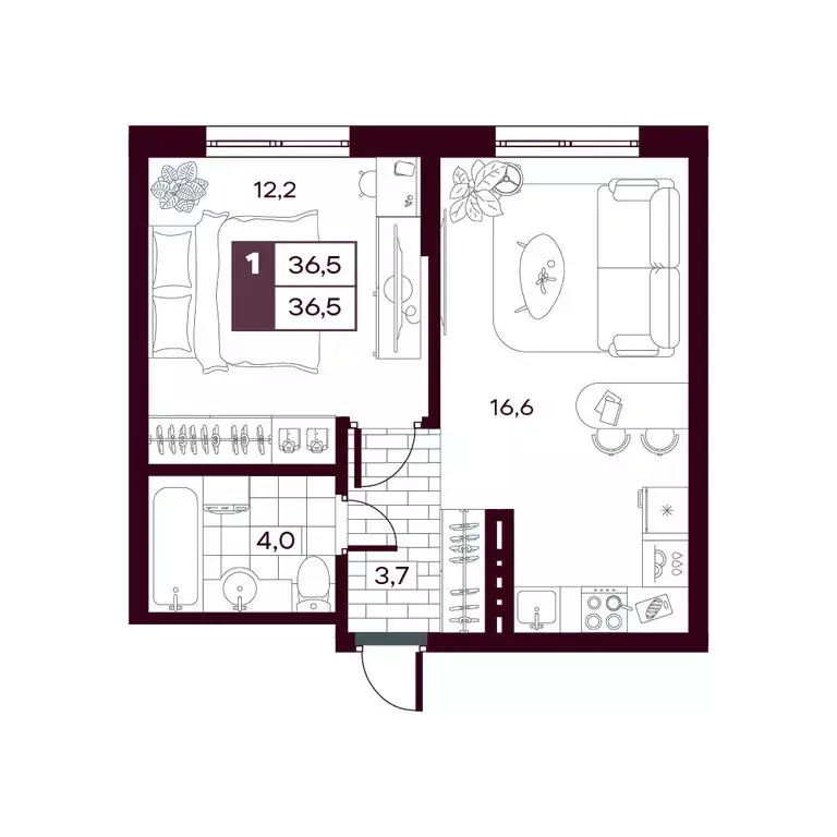1-комнатная квартира: Дударева, ЖК Макс (36.49 м) - Фото 1