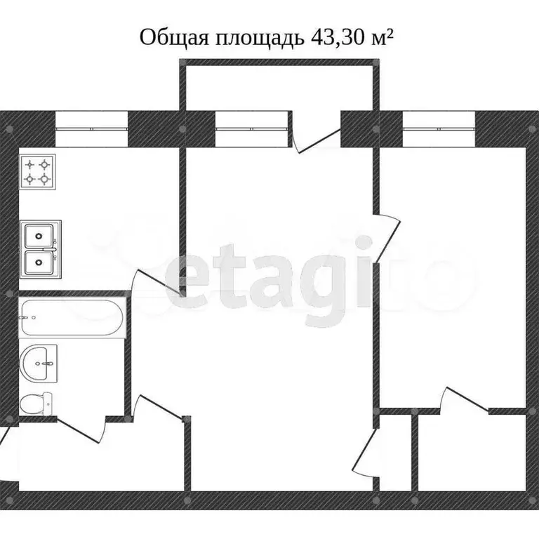 2-к. квартира, 43,9 м, 2/4 эт. - Фото 0