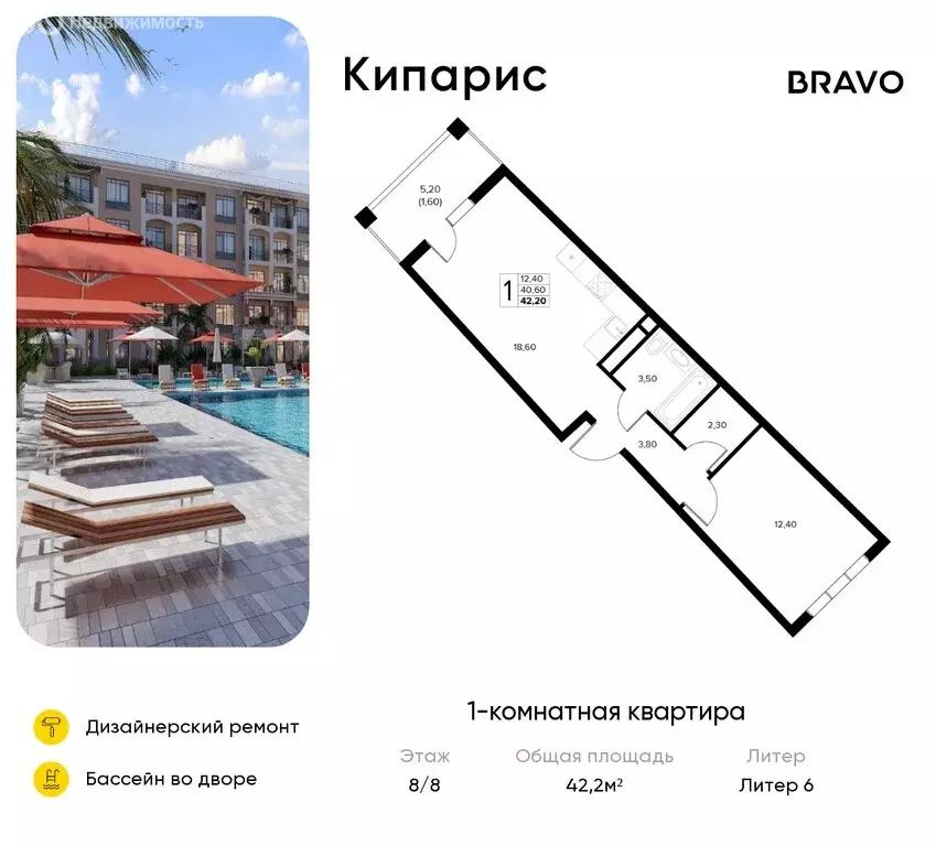 1-комнатная квартира: Сукко, жилой комплекс Кипарис (42.2 м) - Фото 1