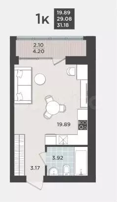 1-к. квартира, 29,1м, 8/9эт. - Фото 1