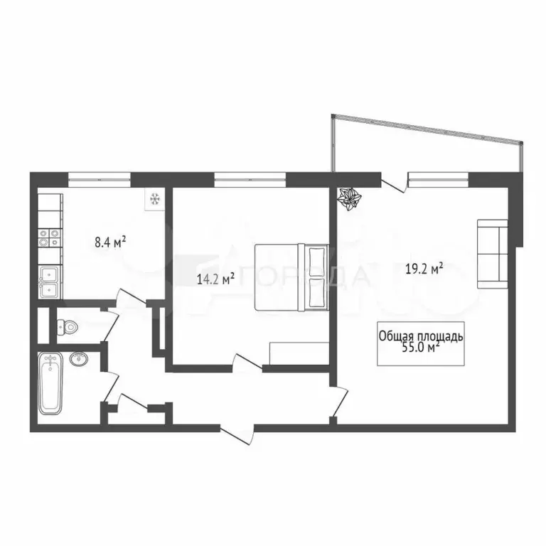 2-к. квартира, 55 м, 5/9 эт. - Фото 0