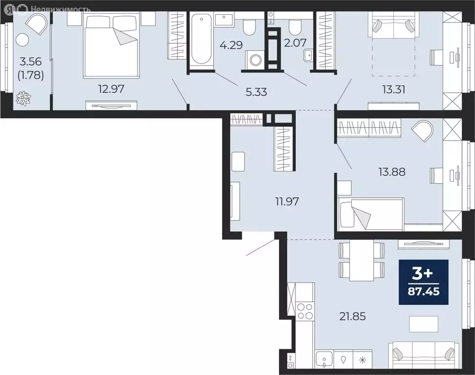 3-комнатная квартира: Тюмень, микрорайон Энтузиастов (85.67 м) - Фото 0