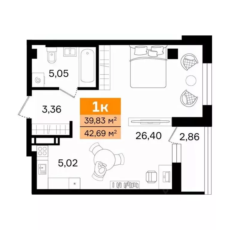 1-к кв. Курганская область, Курган просп. Конституции (42.69 м) - Фото 2