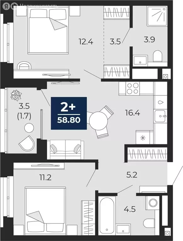 2-комнатная квартира: Тюмень, проезд Капитана Куликова, 5 (60.6 м) - Фото 1