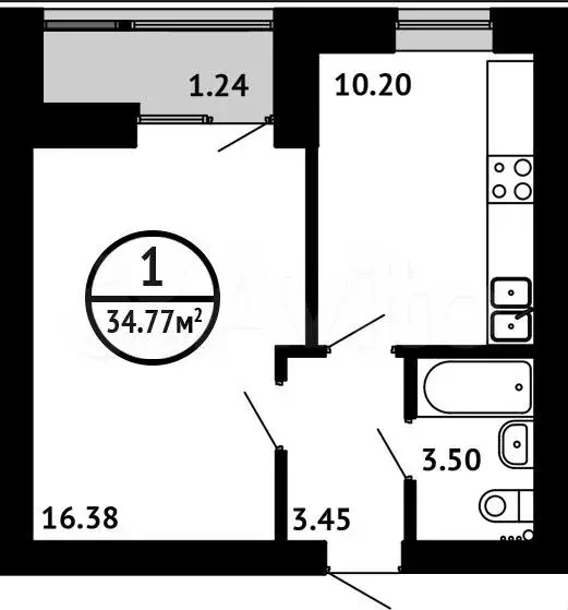 1-к. квартира, 34,8 м, 5/7 эт. - Фото 0
