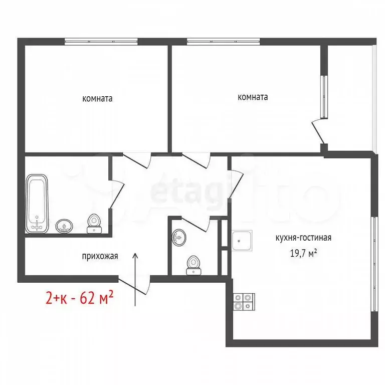2-к. квартира, 62 м, 4/7 эт. - Фото 1
