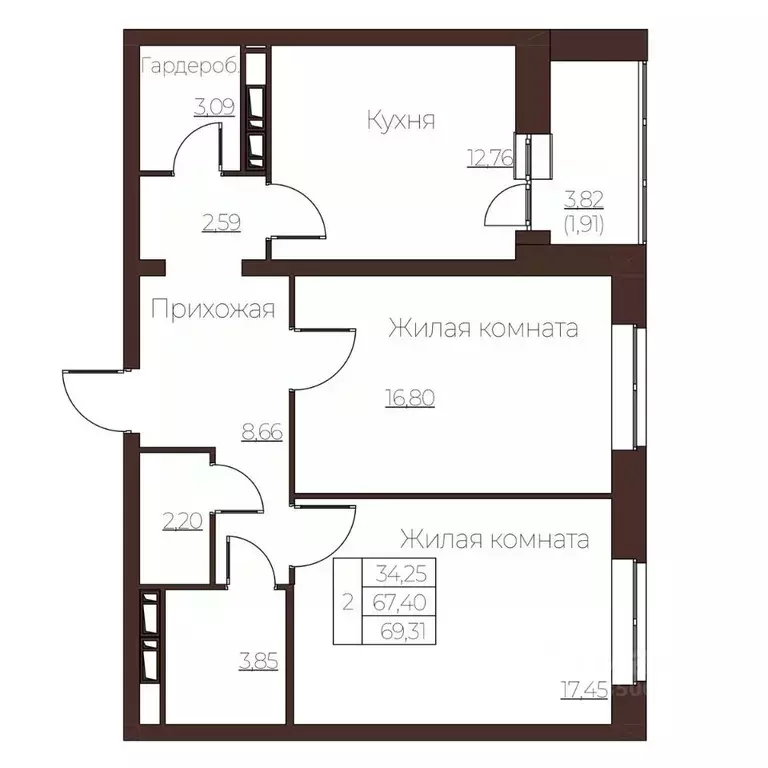 2-к кв. Орловская область, Орел ул. Левый Берег реки Оки, 21к1 (69.31 ... - Фото 1