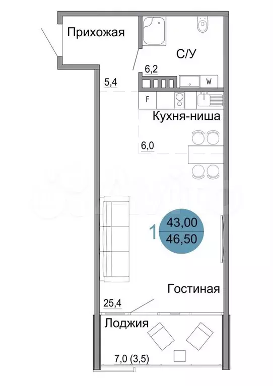 1-к. квартира, 46,5 м, 3/4 эт. - Фото 0