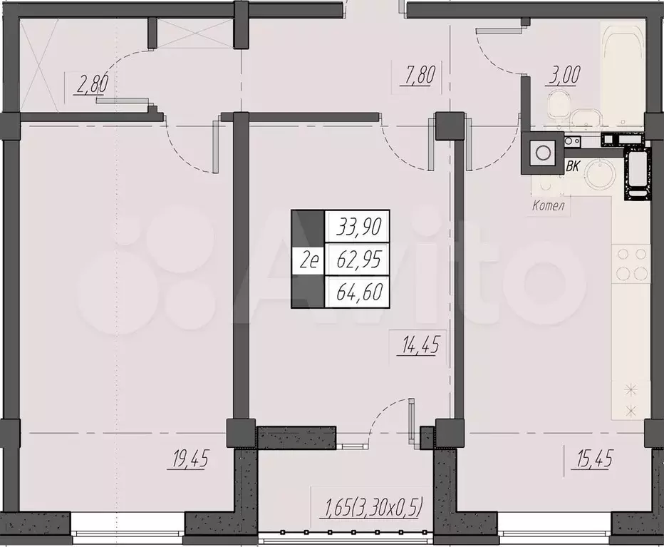 2-к. квартира, 64,6 м, 3/8 эт. - Фото 1