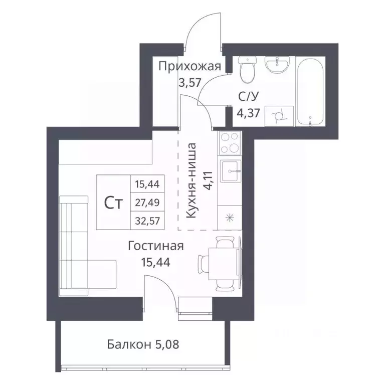 Студия Новосибирская область, Новосибирск Игарская ул., 40/2 (27.49 м) - Фото 0