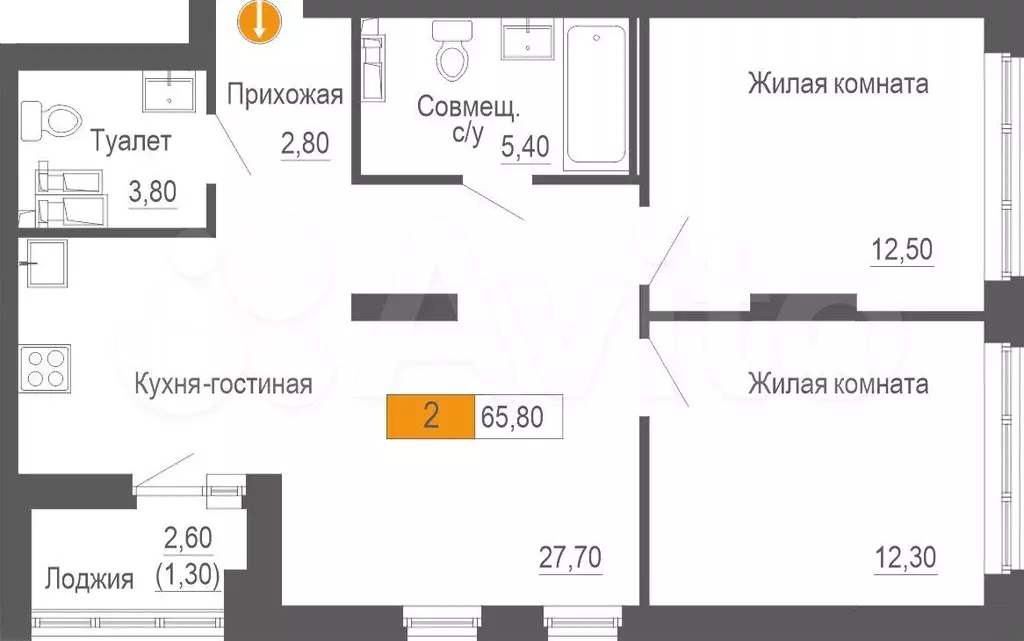 2-к. квартира, 65,8 м, 7/25 эт. - Фото 0