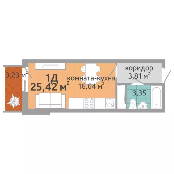 1-к квартира, 25.42 м - Фото 0