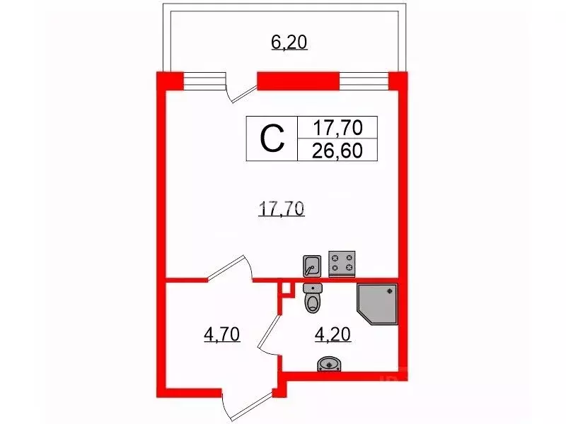 Студия Санкт-Петербург Парашютная ул., 34 (26.6 м) - Фото 1