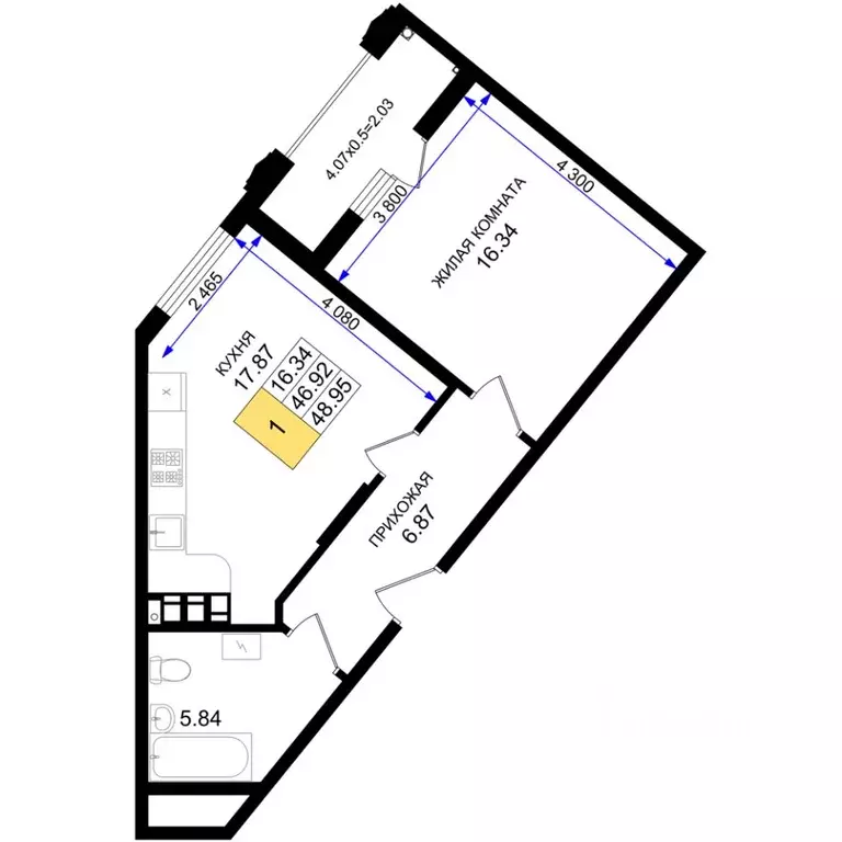 1-к кв. Краснодарский край, Новороссийск 5-я Бригада мкр,  (48.95 м) - Фото 1