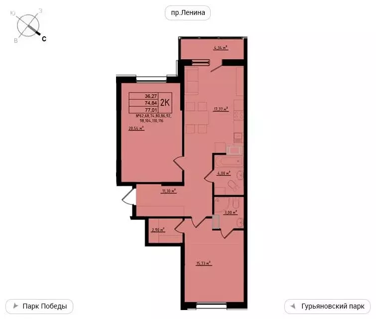 2-комнатная квартира: Обнинск, улица Мира, 2 (77.01 м) - Фото 0