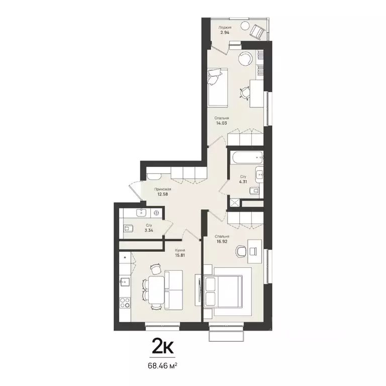 2-к кв. Пермский край, Пермь Уинская ул., 54 (68.46 м) - Фото 1