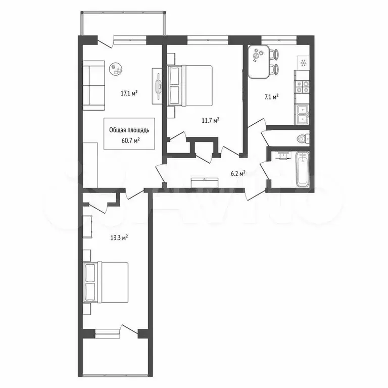 3-к. квартира, 60,7 м, 5/9 эт. - Фото 0