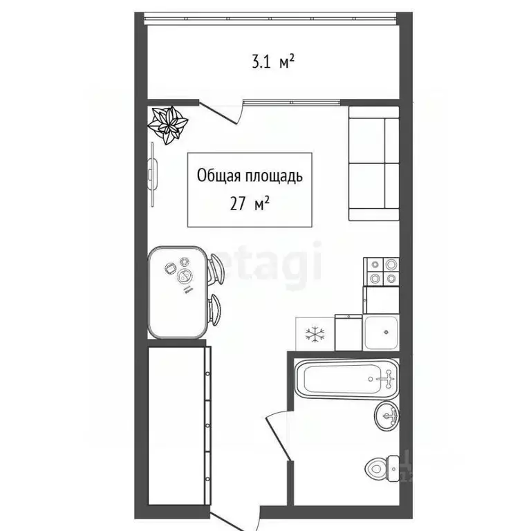 Студия Новосибирская область, Новосибирск ул. Ясный Берег, 10 (27.0 м) - Фото 2