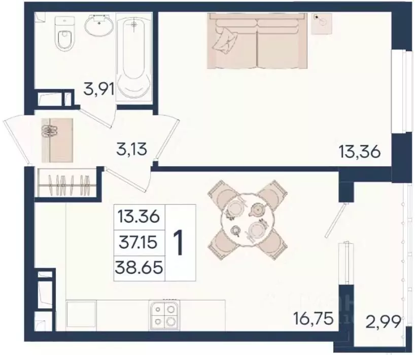 1-к кв. Краснодарский край, Краснодар  (38.65 м) - Фото 0