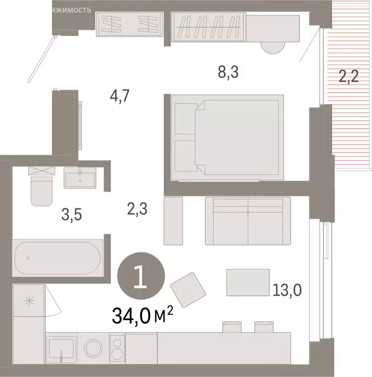 1-комнатная квартира: Тюмень, улица Павла Фитина, 7 (34.03 м) - Фото 2