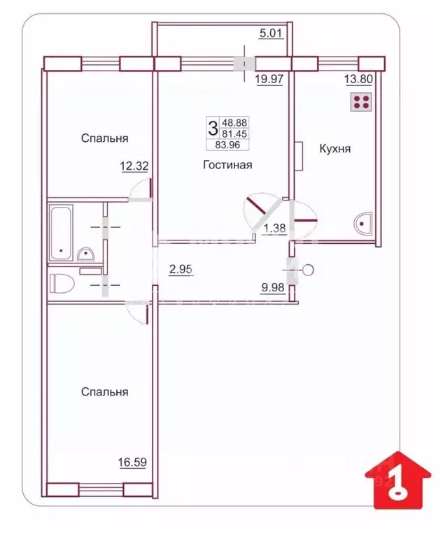 3-к кв. Омская область, Омск ул. Малиновского, 23 (81.3 м) - Фото 1