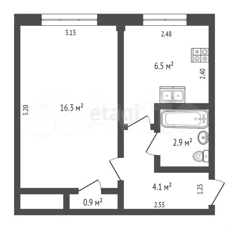 1-к. квартира, 30,7 м, 1/5 эт. - Фото 0