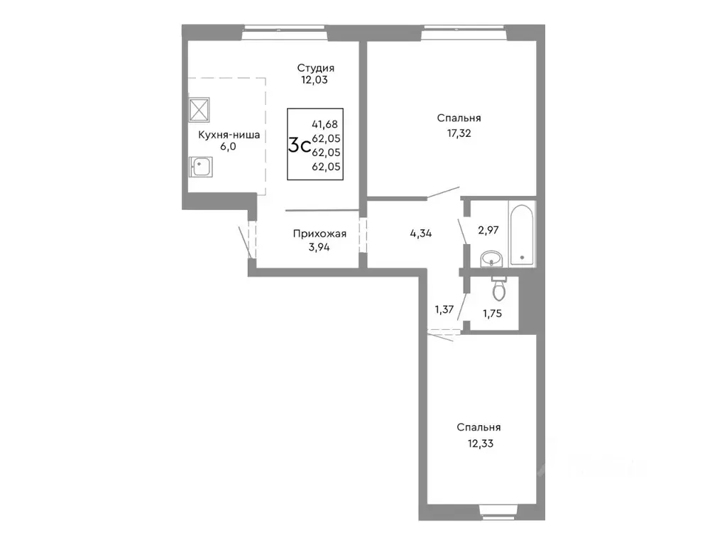 3-к кв. Челябинская область, Челябинск Нефтебазовая ул., 1-13 (62.05 ... - Фото 1