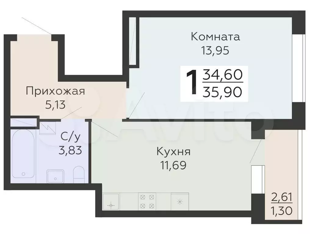 1-к. квартира, 35,9 м, 3/20 эт. - Фото 0