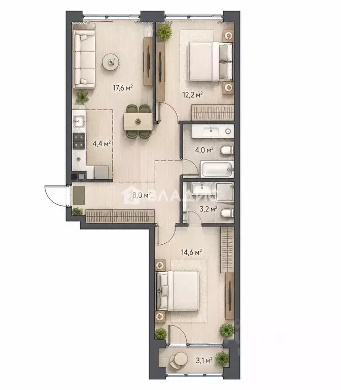 2-к кв. Москва Озерная ул., 1к2/6 (66.6 м) - Фото 2