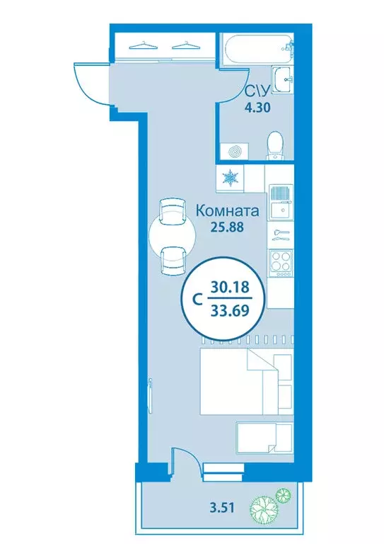 Квартира-студия: Тюмень, улица Вадима Бованенко, 3 (29.5 м) - Фото 1