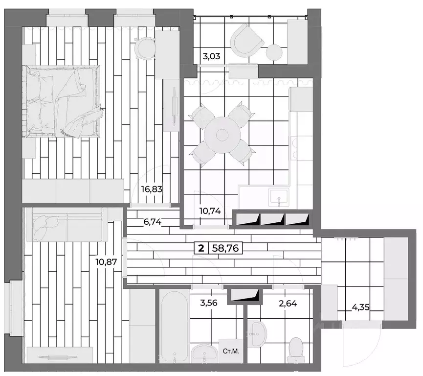 2-к кв. Орловская область, Орел Мясокомбинат мкр,  (57.25 м) - Фото 1