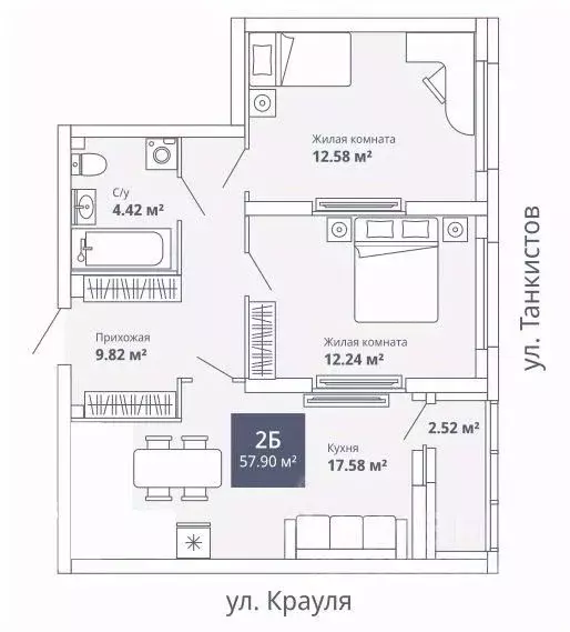 2-к кв. Свердловская область, Екатеринбург ул. Крауля, 170 (58.0 м) - Фото 1