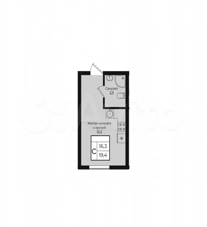 Квартира-студия, 19,4 м, 7/7 эт. - Фото 1