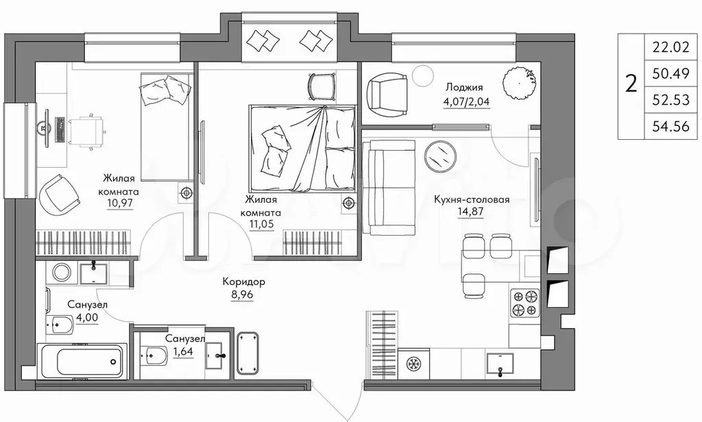 2-к. квартира, 55,6 м, 5/9 эт. - Фото 0
