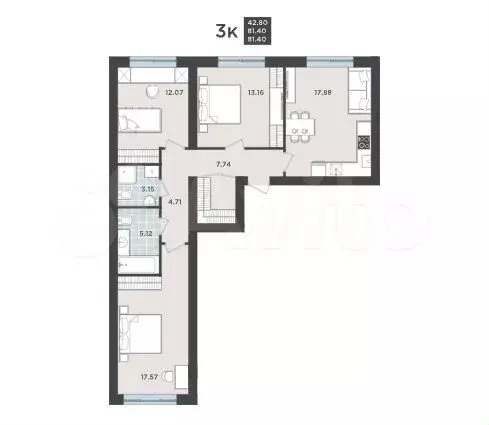 3-к. квартира, 81,4 м, 1/9 эт. - Фото 1