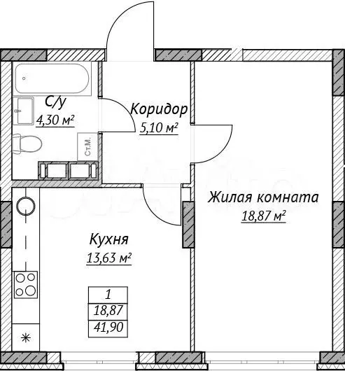 1-к. квартира, 41,9 м, 12/14 эт. - Фото 0