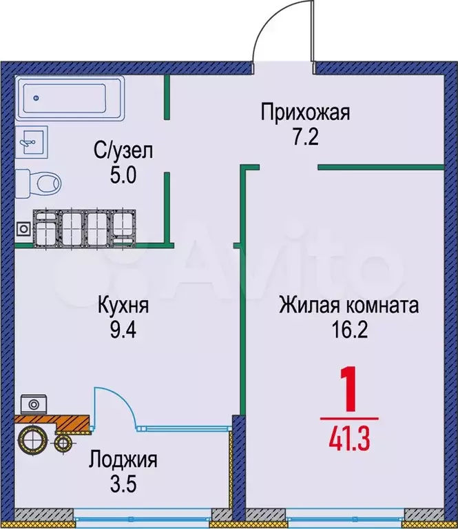 1-к. квартира, 41,3 м, 3/22 эт. - Фото 1