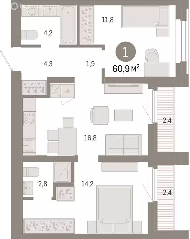 1-комнатная квартира: Тюмень, Мысовская улица, 26к2 (60.86 м) - Фото 0