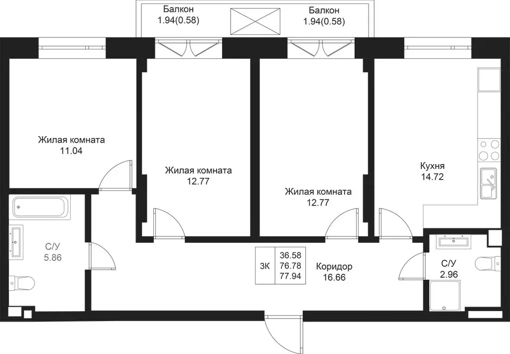 3-комнатная квартира: Казань, ЖК Дом на Исхаки (77.94 м) - Фото 0