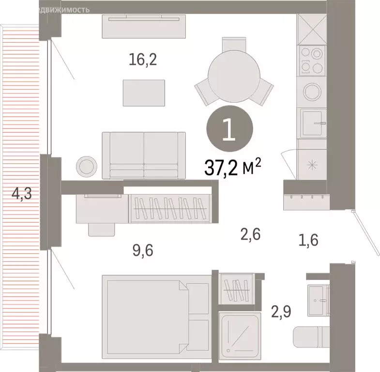 1-комнатная квартира: Новосибирский район, рабочий посёлок Краснообск, ... - Фото 2