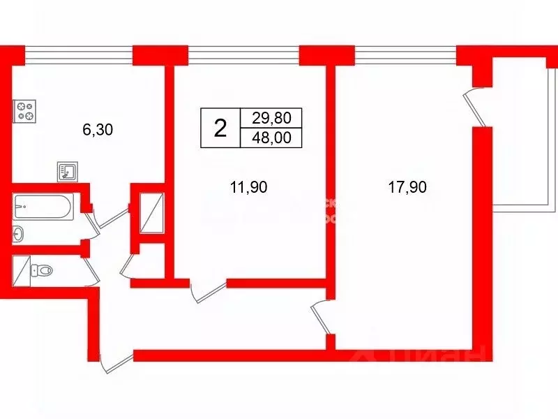 2-к кв. Санкт-Петербург Петергофское ш., 5К1 (48.0 м) - Фото 1