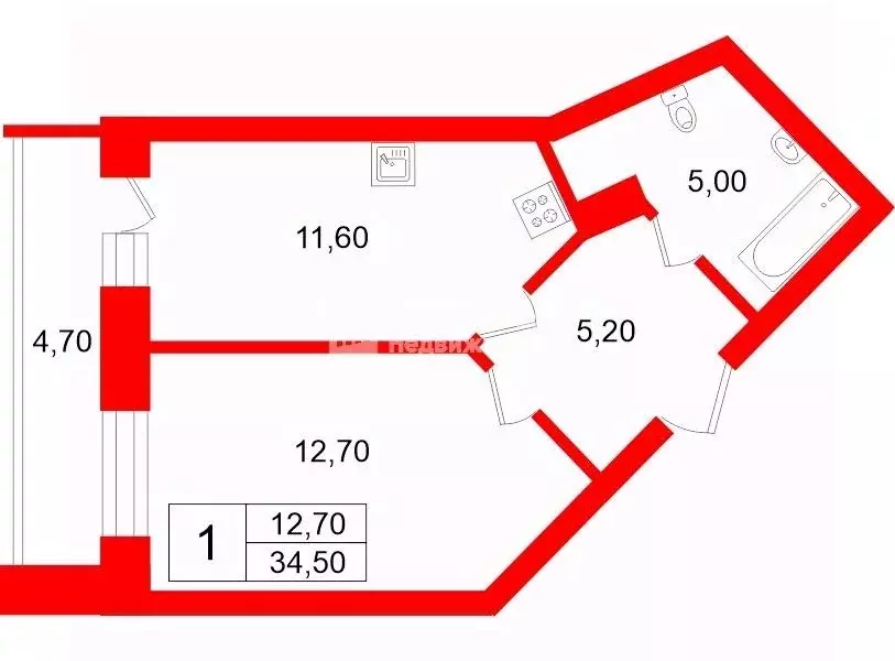 1-к кв. Санкт-Петербург ул. Русановская, 16к1 (34.5 м) - Фото 2