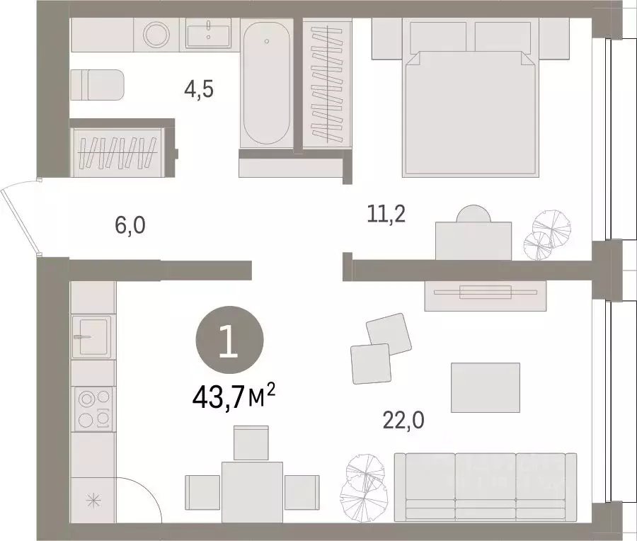 1-к кв. Тюменская область, Тюмень Мысовская ул., 26к1 (43.71 м) - Фото 0