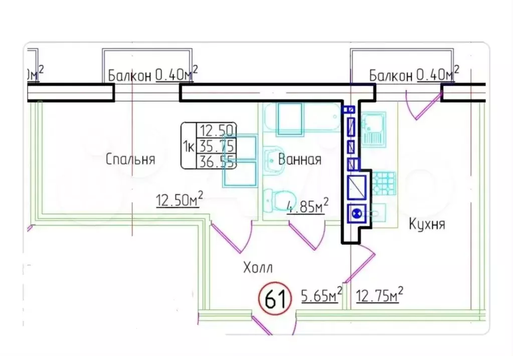 1-к. квартира, 36,6 м, 8/8 эт. - Фото 1