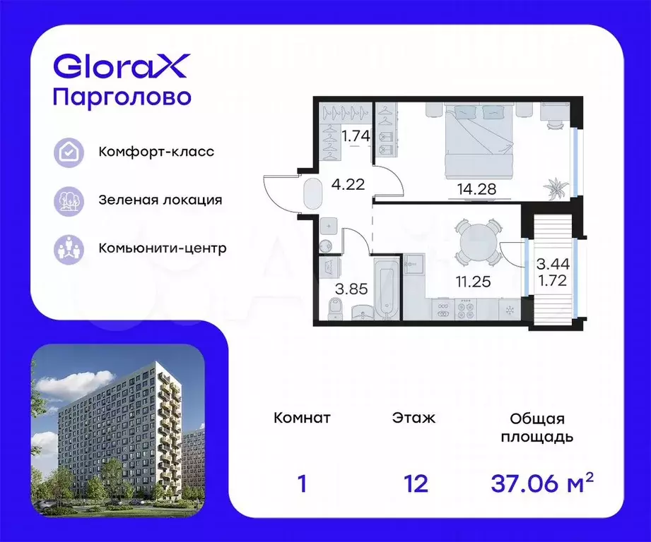 1-к. квартира, 37,1 м, 12/15 эт. - Фото 0