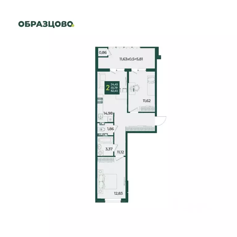 2-к кв. Краснодарский край, Краснодар Образцово мкр,  (62.45 м) - Фото 1