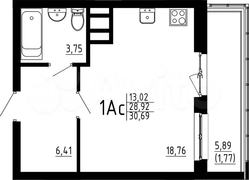 1-к. квартира, 30,7 м, 2/23 эт. - Фото 0